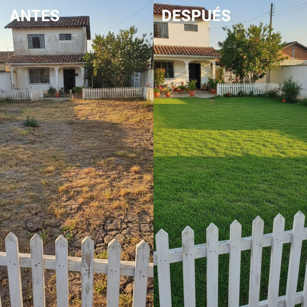 Antes y Después — dos jardines vecinos, uno pelado y otro verde con Semillas de Césped Premium