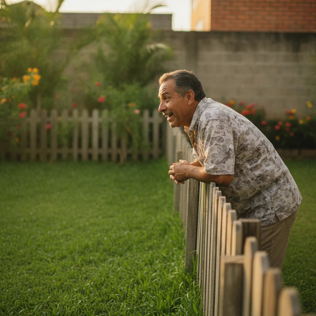 Vecino admirando el jardín verde recién sembrado